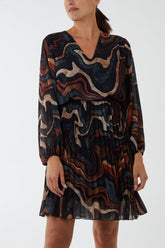 V-Neck Marble Pleated Skirt Mini Dress For Women  - Dropwear